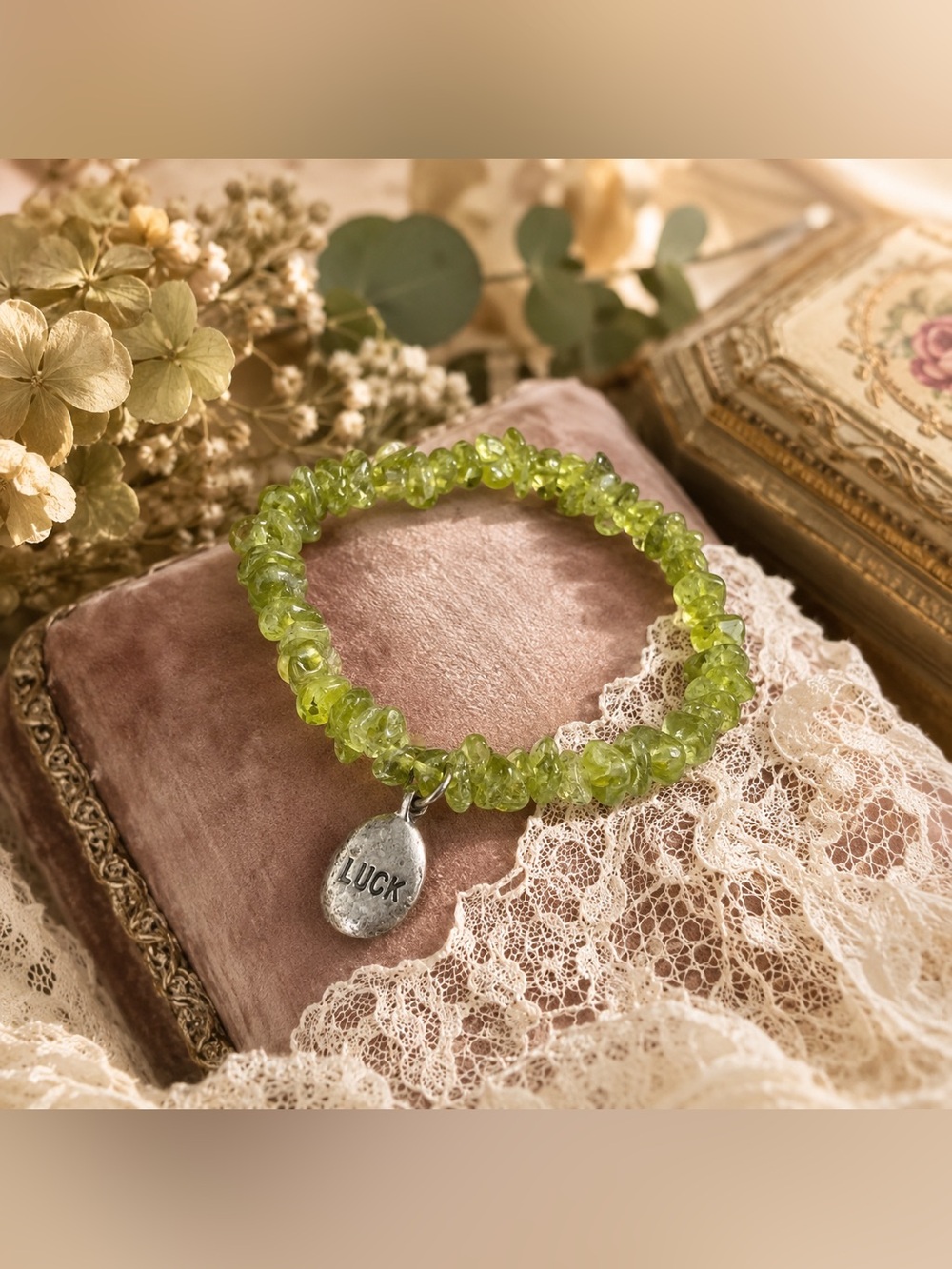 Genuine Stone and Sterling Silver Stretchy Luck Bracelet 925 Beaded Lime Green